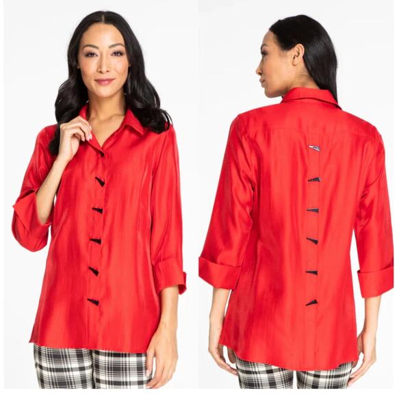 Multiples Tops - Multiples Red Shimmer Toggle Button Top 3/4 Sleeve Collar Turned Cuffs M